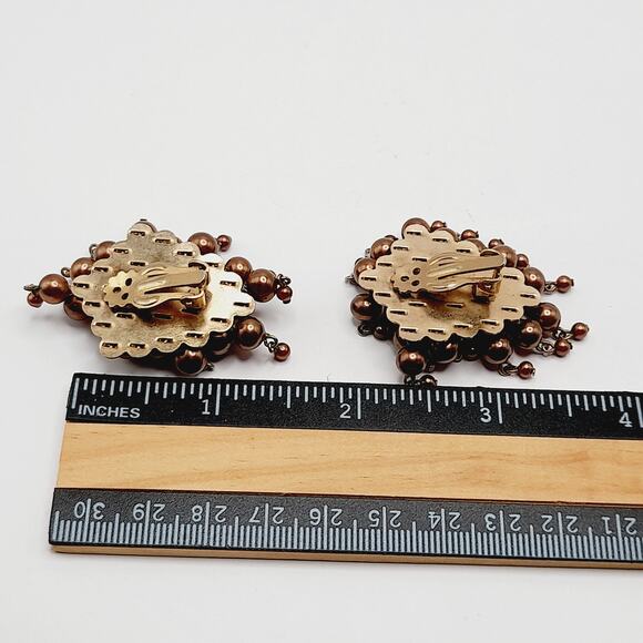 Vintage Brown Beaded Dangle Clip Earrings on Gold Tone Base - Picture 6 of 8
